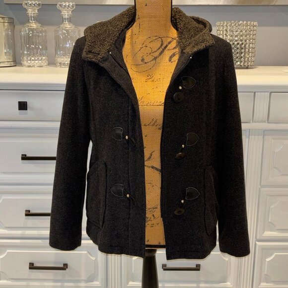 Women's Small wool-blend hooded charcoal gray peacoat w/ toggle buttons - Picture 2 of 11